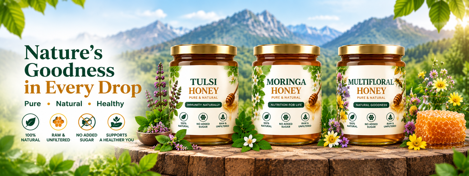 Nature's Goodness in Every Drop — KIO Tulsi, Moringa and Multifloral Honey